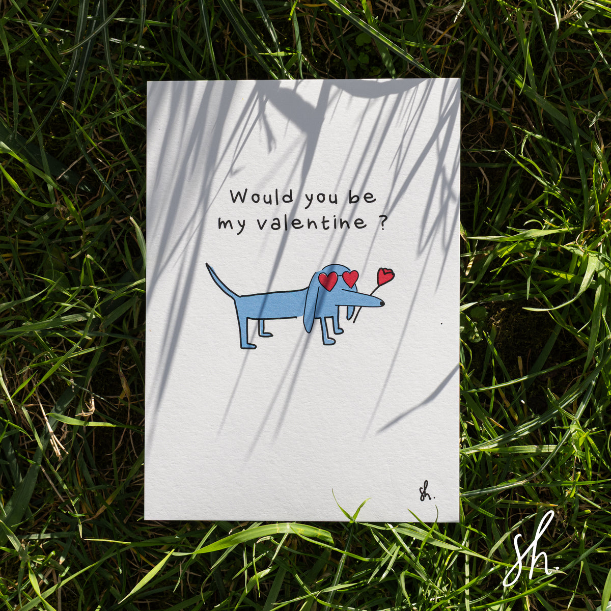 carte postale posée dans l'herbe sous un joli soleil qui reflète l'ombre de l'herbe dessus, un teckel est dessiné dessus qui porte des lunettes en forme de coeur et une rose à la bouche et demande "would you be my valentine?"