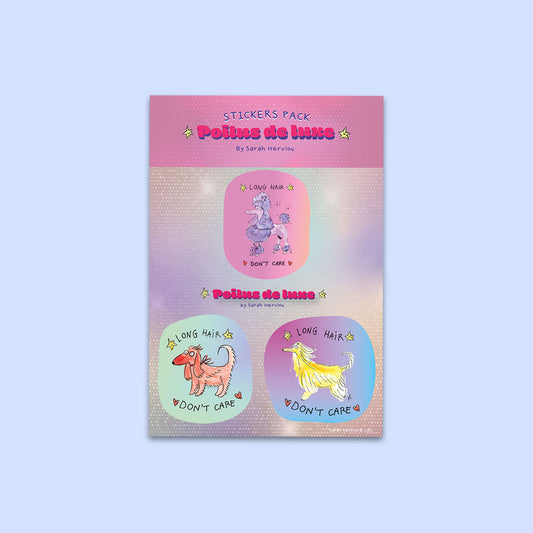 stickers sur une planche représentant trois chiens: un caniche un cocker et un lévrier afghan avec écrit sur chacun "long hair, don't care" 