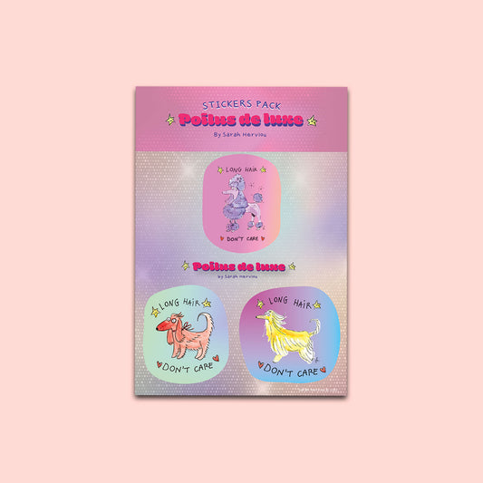 stickers sur une planche représentant trois chiens: un caniche un cocker et un lévrier afghan avec écrit sur chacun "long hair, don't care" 