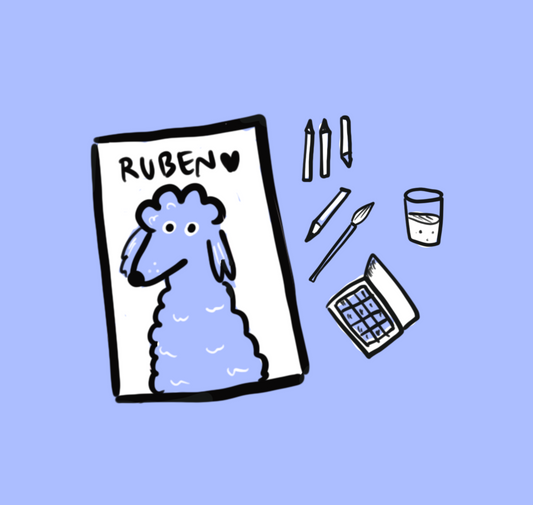 portrait d'un chien à côté de crayons et de pot de peinture sur fond bleu