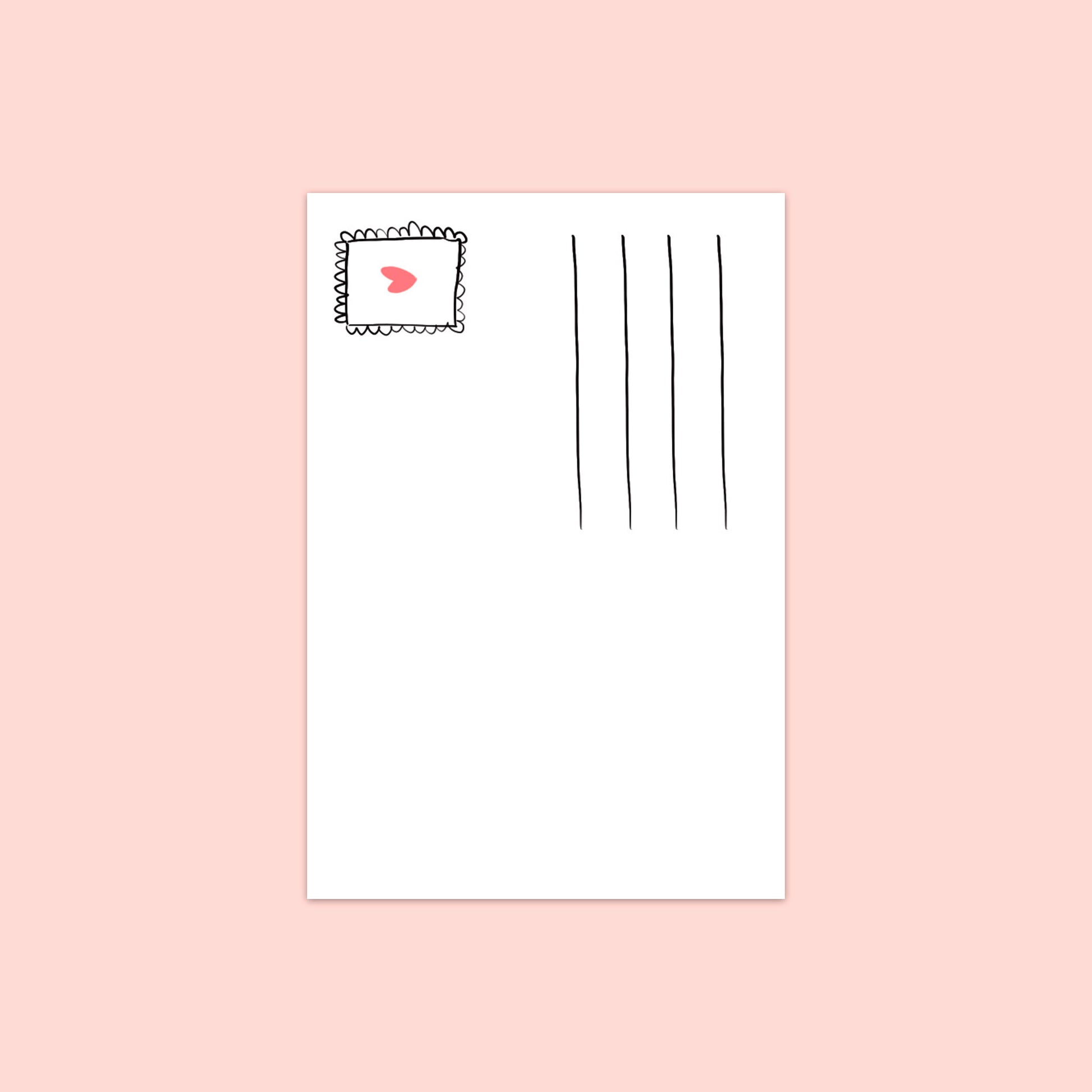 verso d'une carte postale avec espace pour l'adresse et le timbre décoré par un coeur et dessiné à la main 