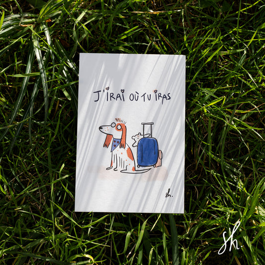 carte postale photographié dans l'herbe avec l'ombre porté du soleil dessus , sur le dessin est écrit " j'irai où tu iras" avec un cocker qui attend près d'une valise avec un nounours dessus et il porte un bandana