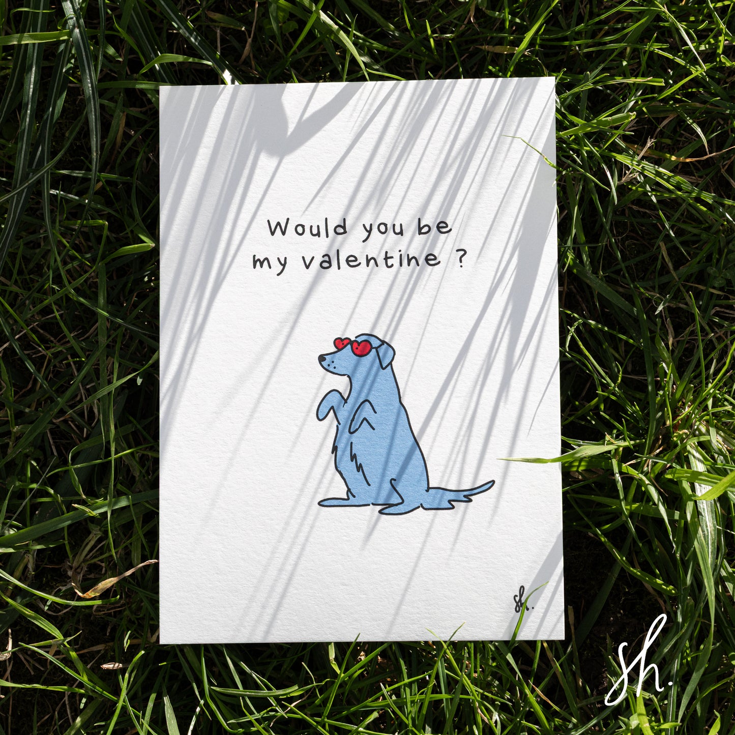 carte postale posée dans l'herbe sous un joli soleil qui reflète l'ombre de l'herbe dessus, un golden est dessiné dessus qui porte des lunettes en forme de coeur demande "would you be my valentine?" 