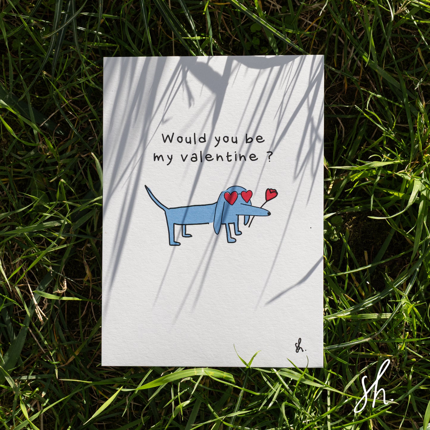 carte postale posée dans l'herbe sous un joli soleil qui reflète l'ombre de l'herbe dessus, un teckel est dessiné dessus qui porte des lunettes en forme de coeur et une rose à la bouche et demande "would you be my valentine?" 