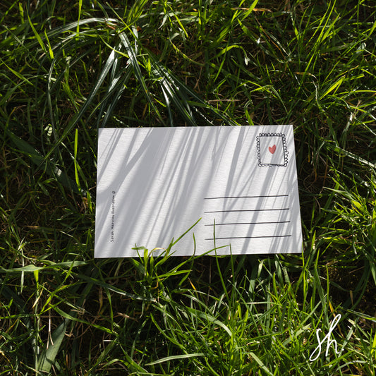 verso de la carte dans l'herbe avec des lignes pour écrire l'adresse et un dessin où mettre le timbre 